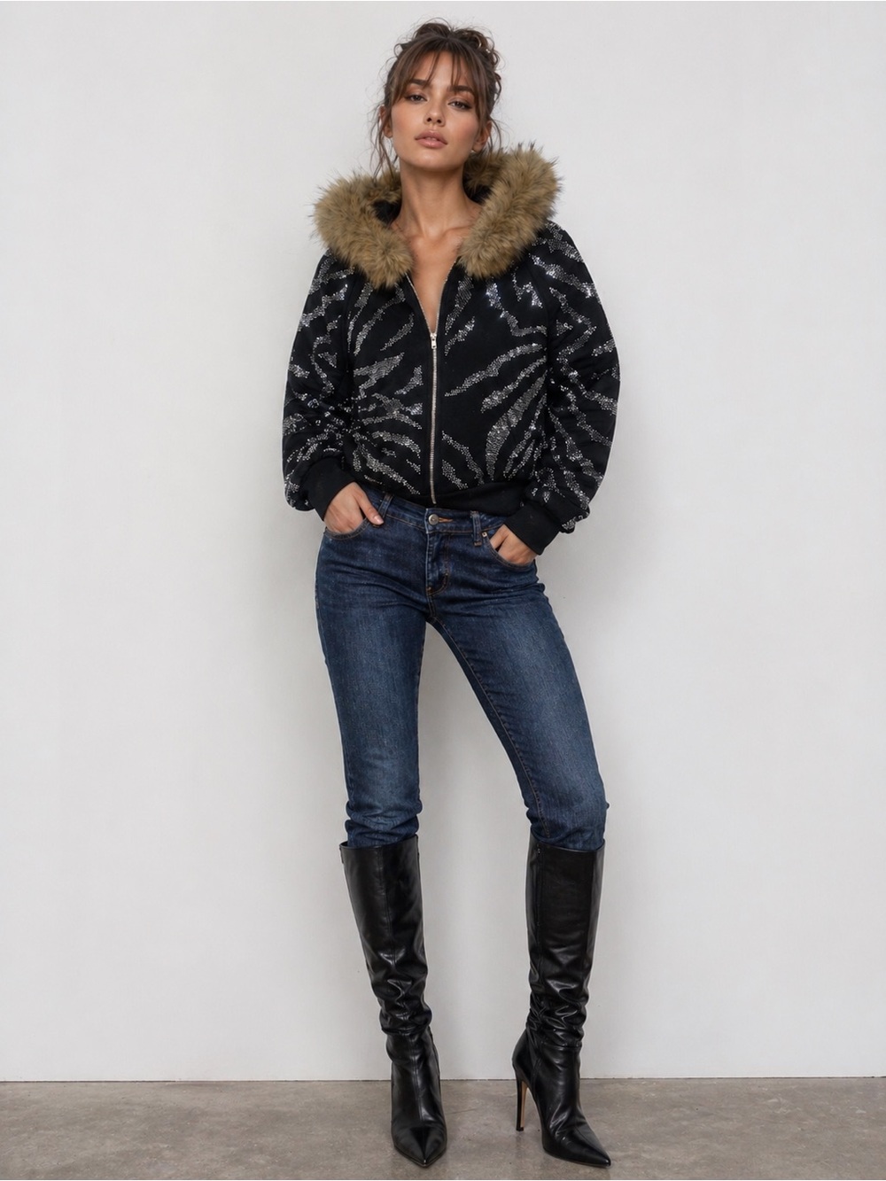 Black Rhinestone Zebra Print Cropped Jacket w/ Removable Faux Fur Sz S, Med, Lg